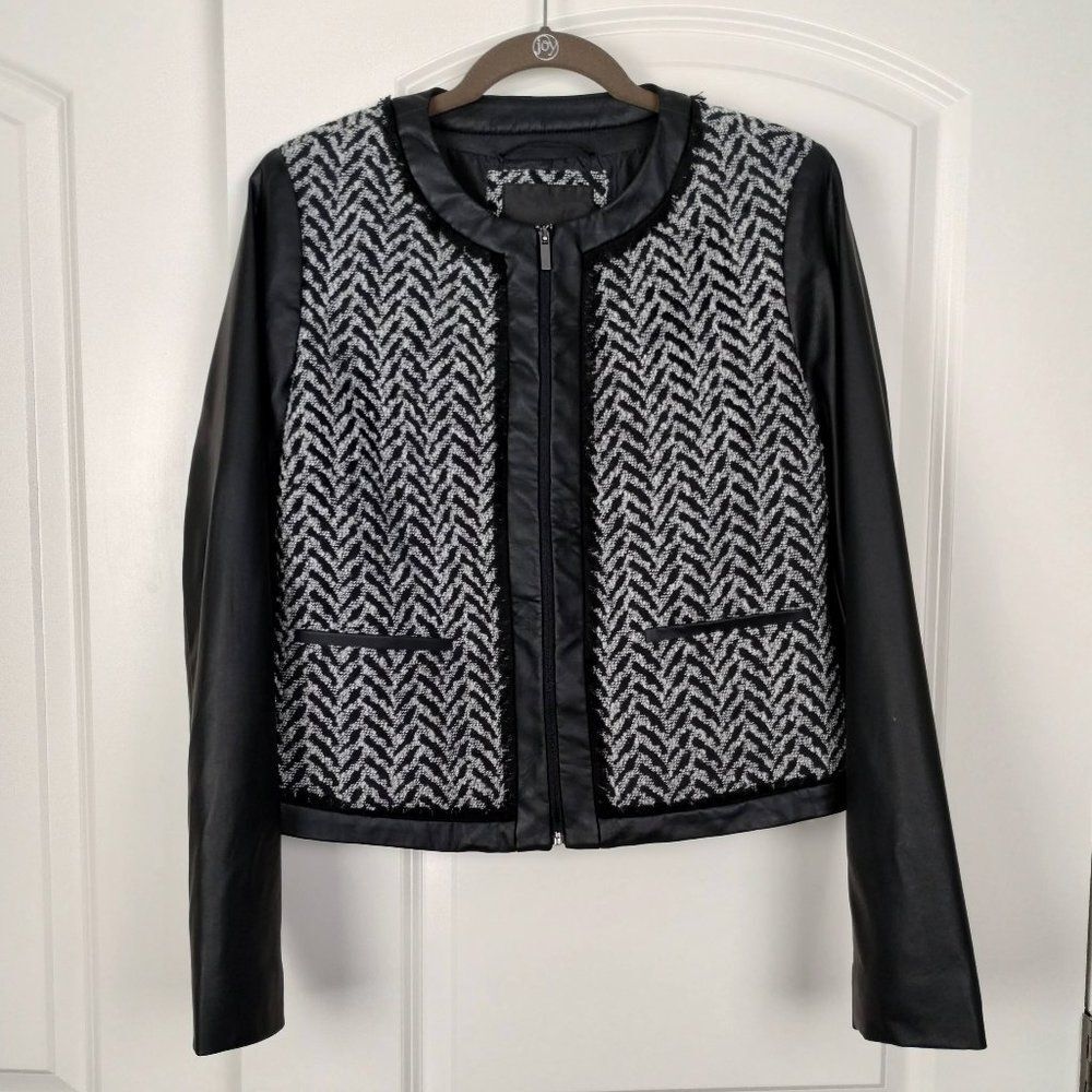 Mossimo Supply Co Black Faux Leather Tweed Zip Up Jacket, Size M